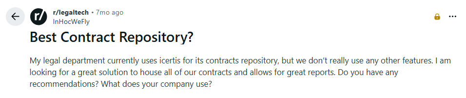 Reddit post seeking a contract repository with reporting features