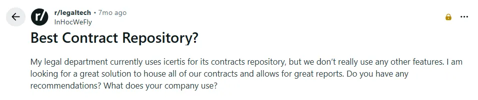 Reddit post seeking a contract repository with reporting features