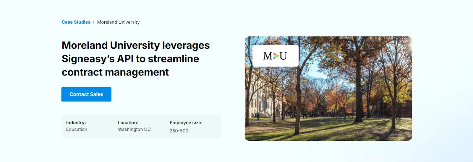 Signeasy case study page about Moreland University using Signeasy’s API for their custom learning management system
