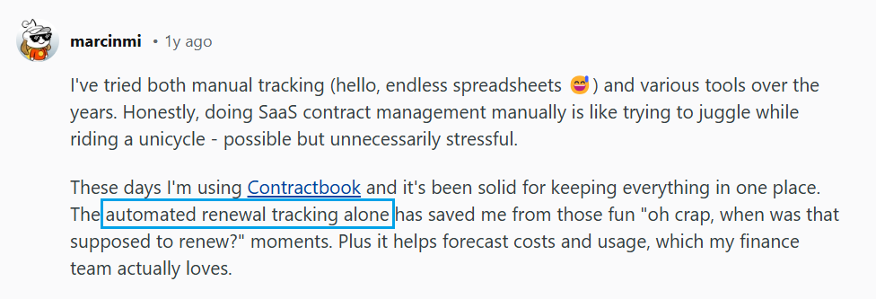 Screenshot of a Reddit comment about using Contractbook for SaaS contracts
