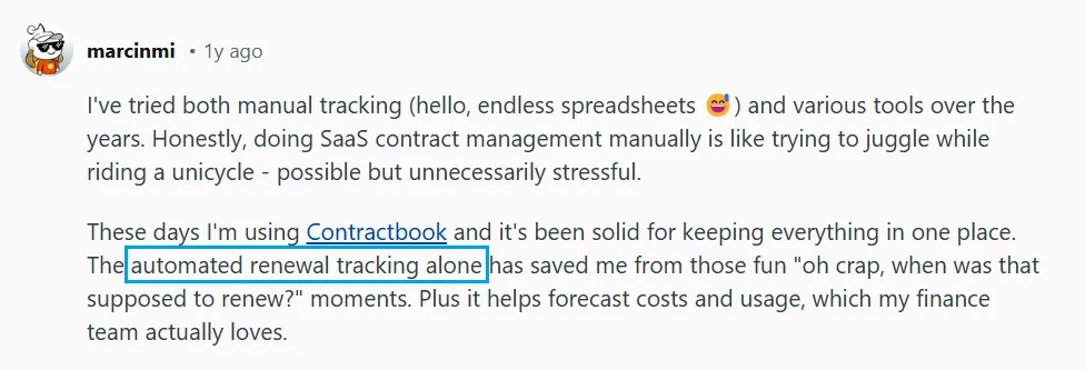 Screenshot of a Reddit comment about using Contractbook for SaaS contracts