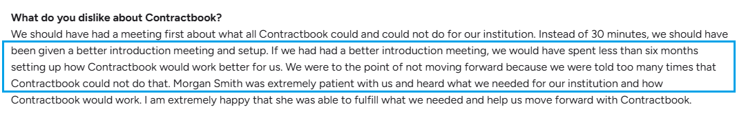 Customer feedback regarding Contractbook setup experience and support