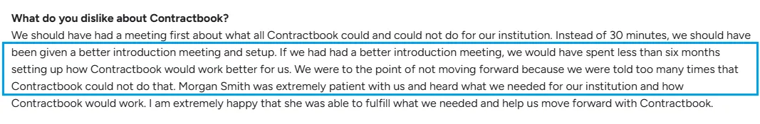 Customer feedback regarding Contractbook setup experience and support