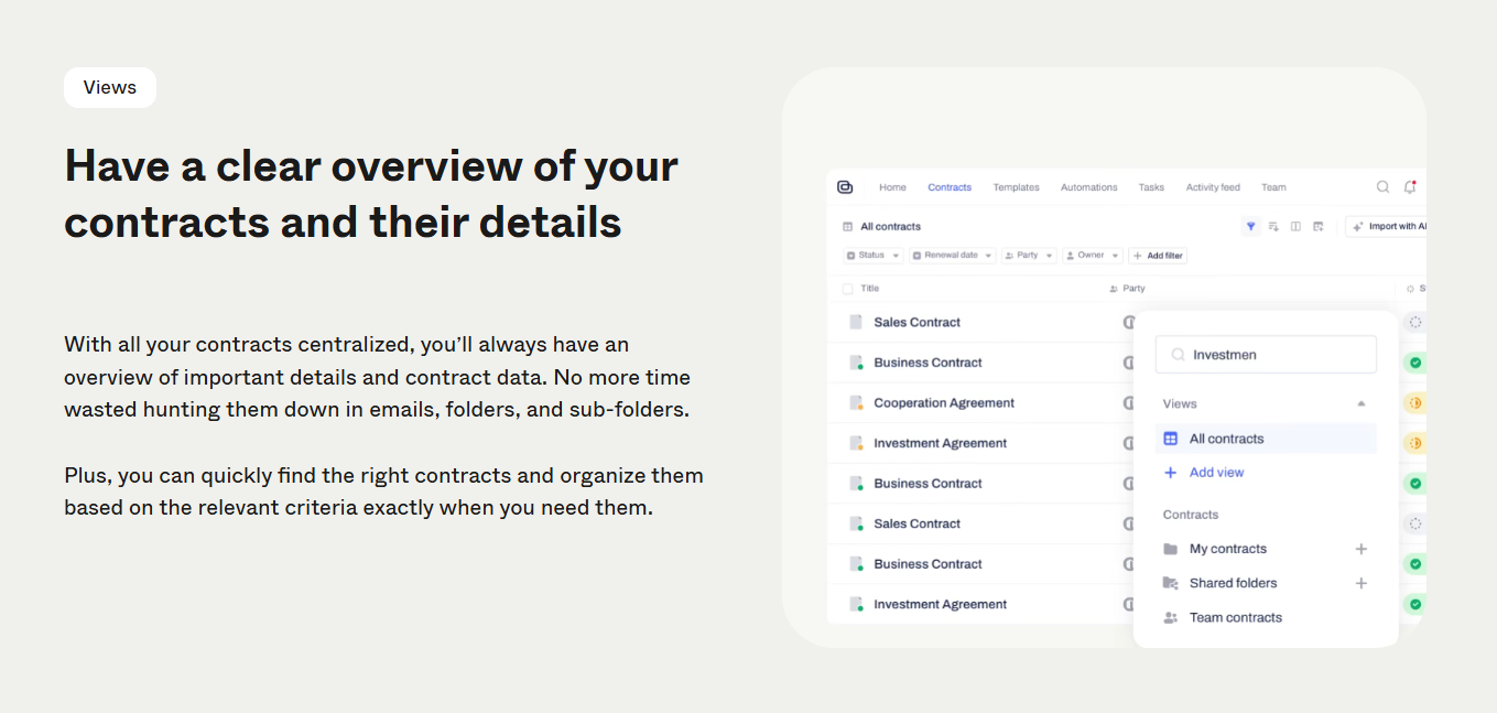 Interface showing contract folders and a search bar for centralized documents
