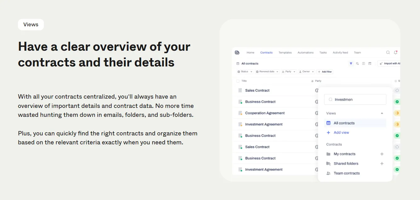 Interface showing contract folders and a search bar for centralized documents