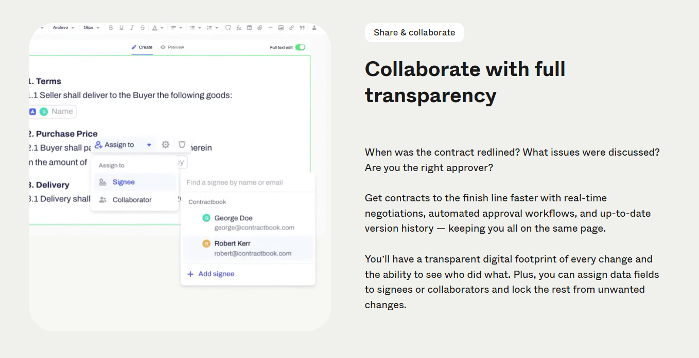 Interface showing contract redlining and signee assignment options