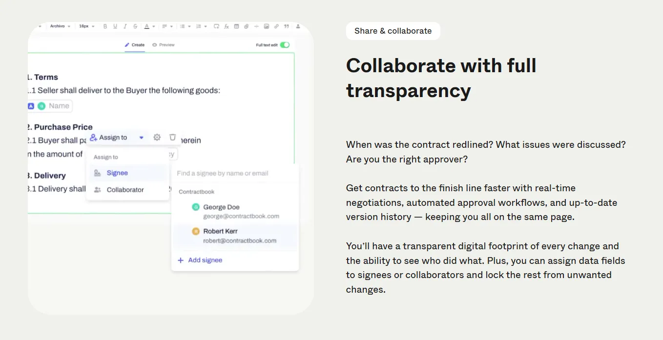 Interface showing contract redlining and signee assignment options