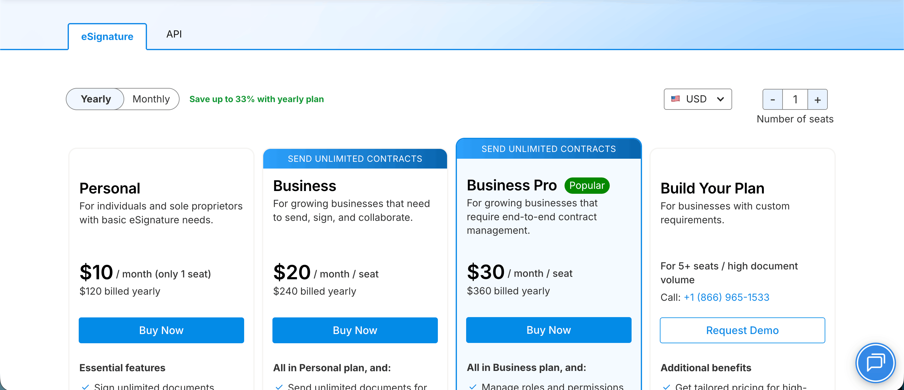 Pricing page showing Personal, Business, and Business Pro tiers