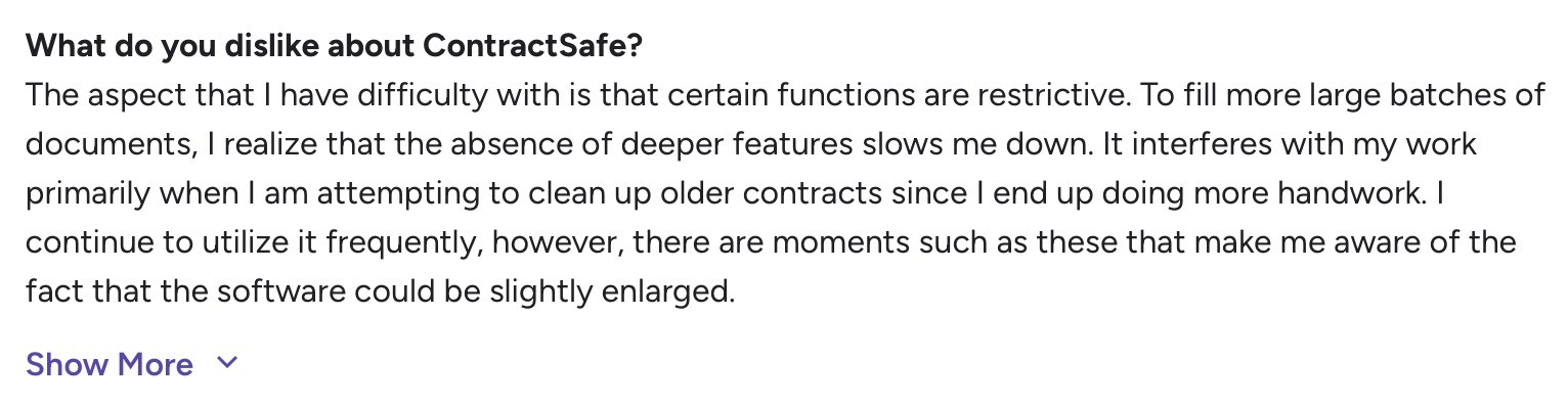 ContractSafe review discussing restricted functionality during heavy contract workloads