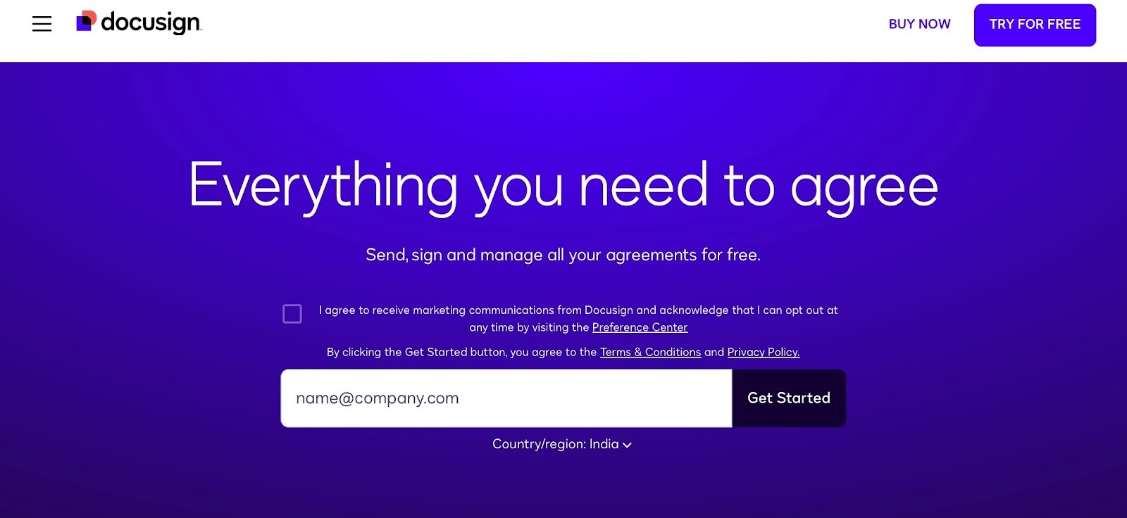 Docusign website showing eSignature platform with free trial option
