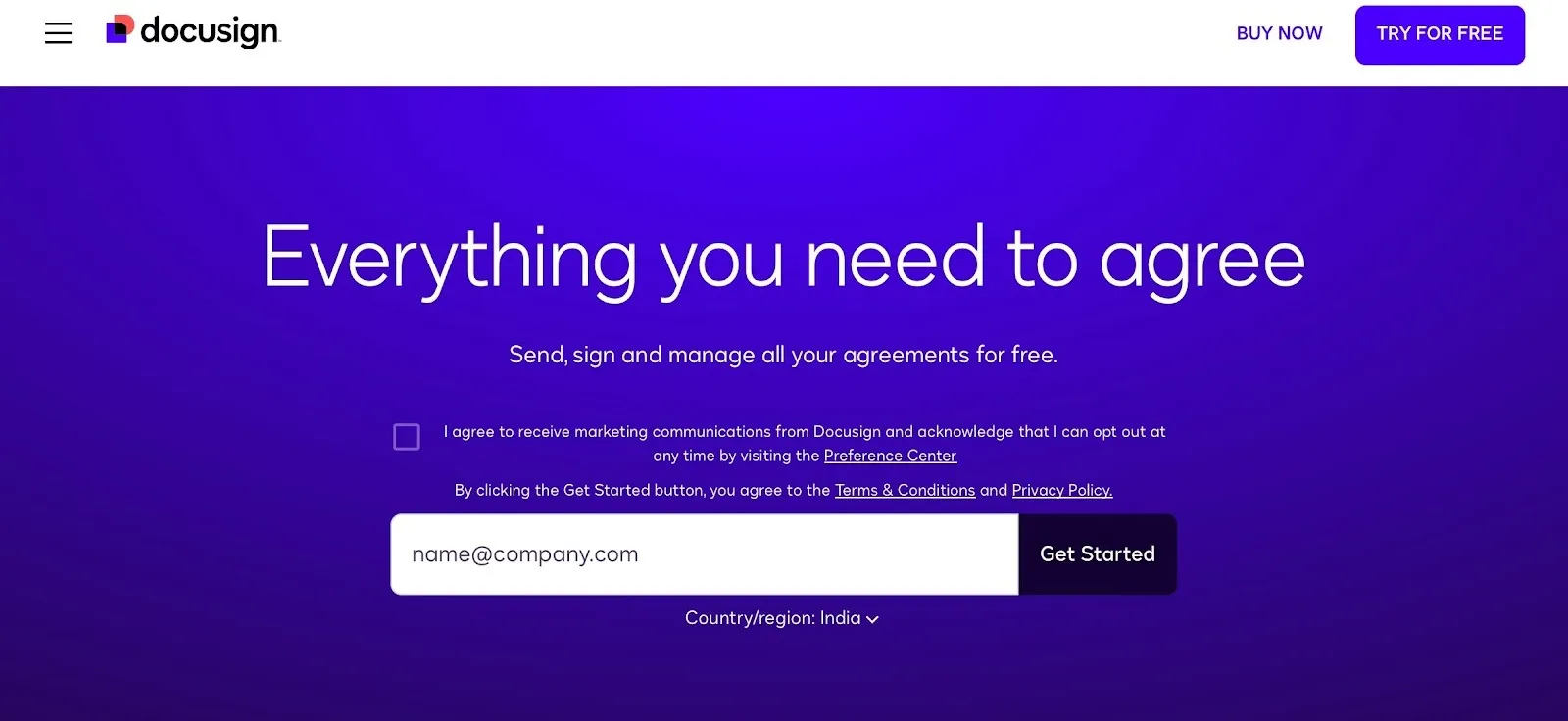 Docusign website showing eSignature platform with free trial option