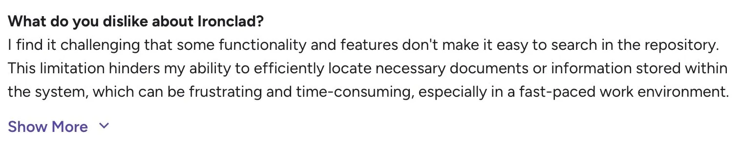 User feedback highlighting search and document discovery limitations in Ironclad