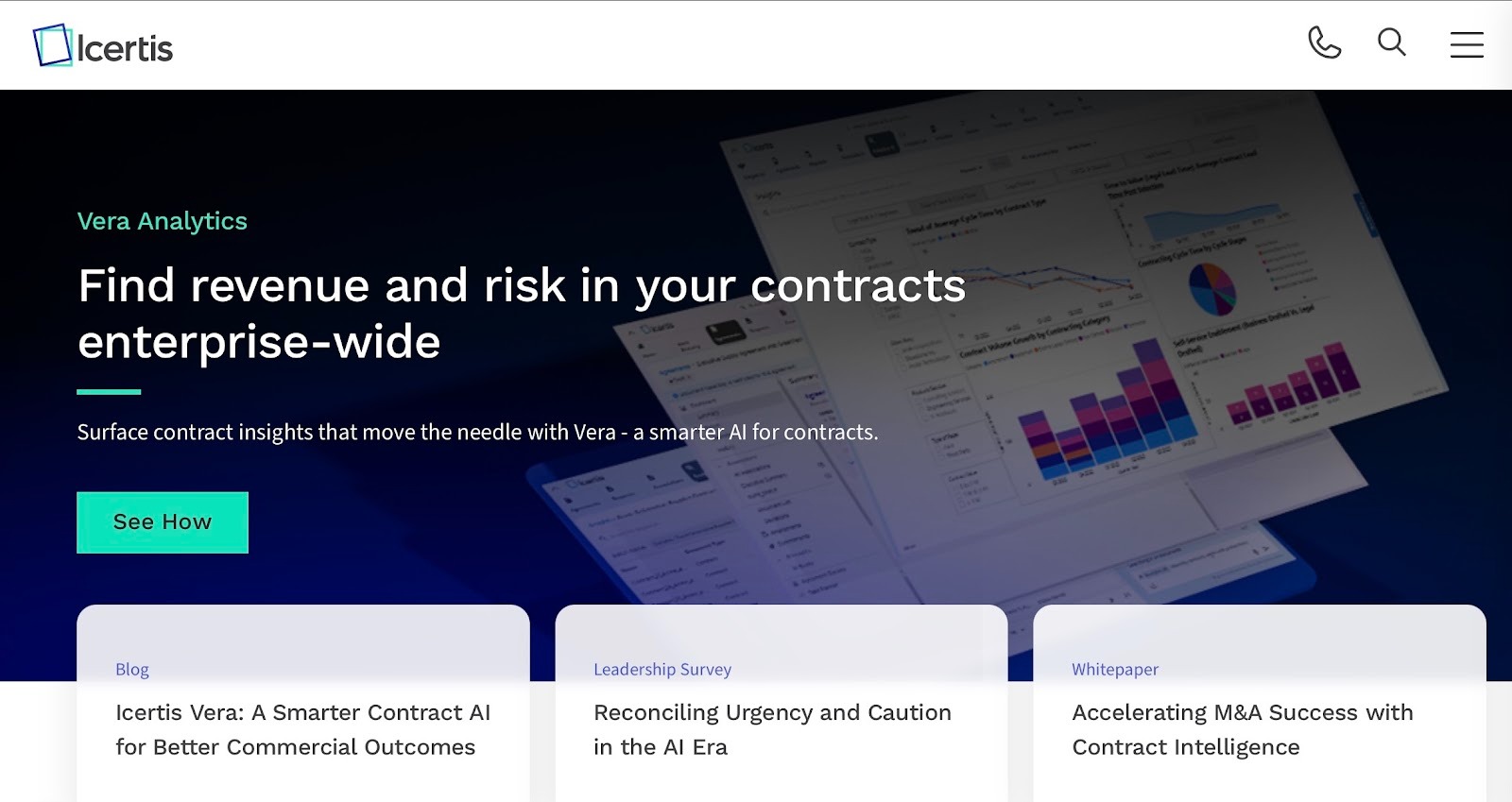 Icertis website showing enterprise contract intelligence and analytics dashboard