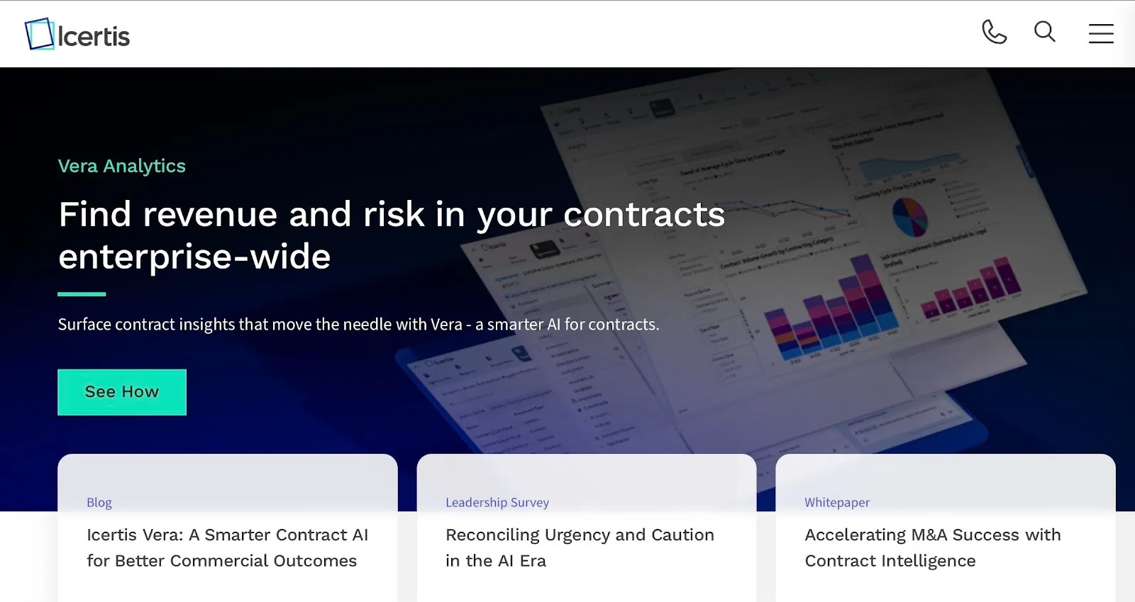Icertis website showing enterprise contract intelligence and analytics dashboard