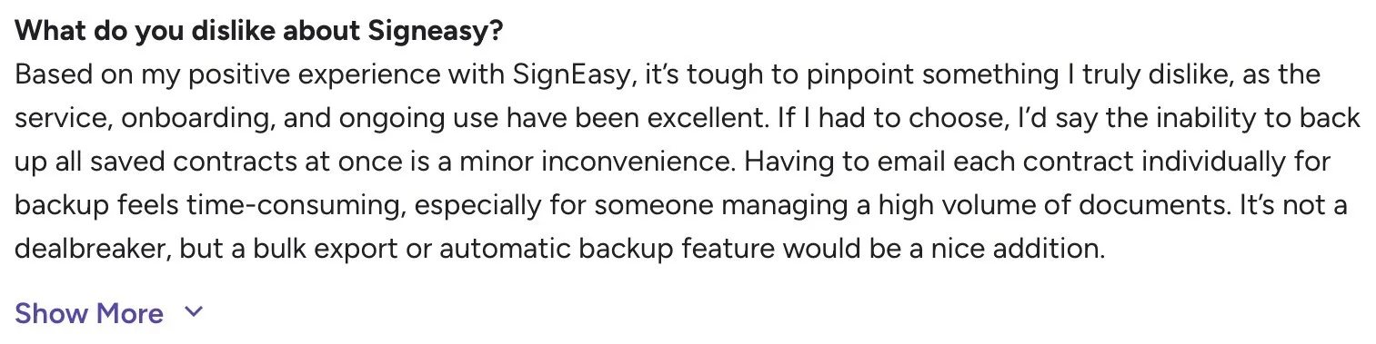 User review praising Signeasy’s onboarding and usability with a small note on backup features