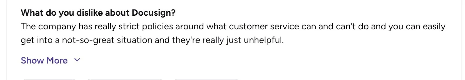 User review describing Docusign’s strict policies around customer service