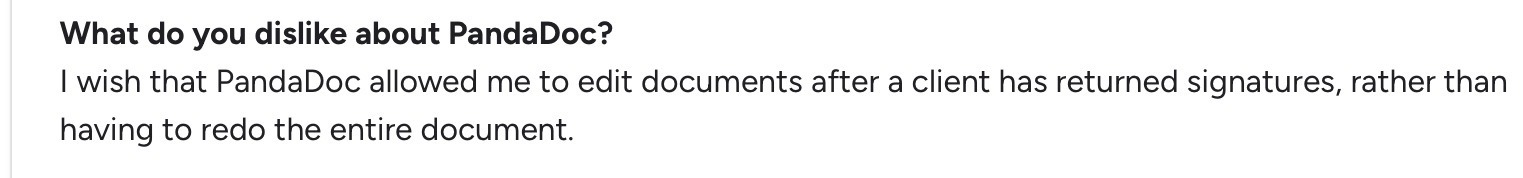 PandaDoc review highlighting limitations with post-signature document editing