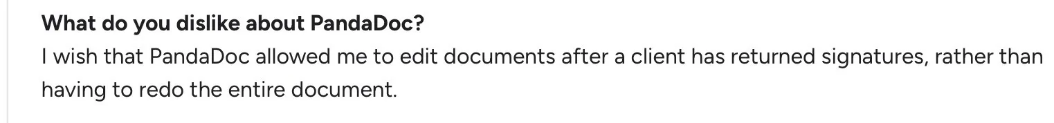 PandaDoc review highlighting limitations with post-signature document editing