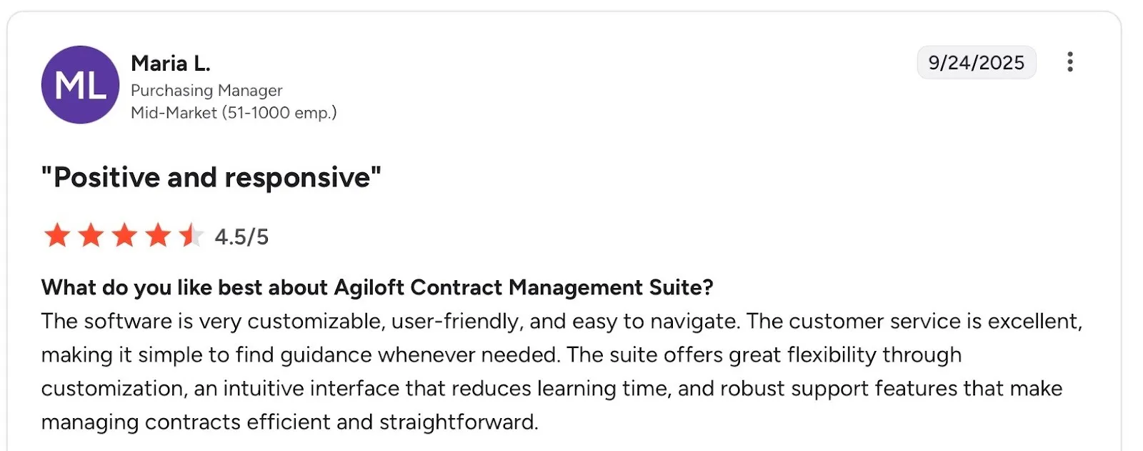 Agiloft user review highlighting customization and support quality