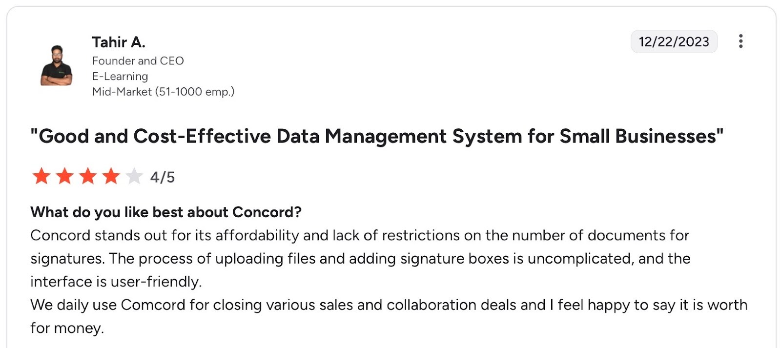 Concord review showing value for small businesses and simple contract workflows