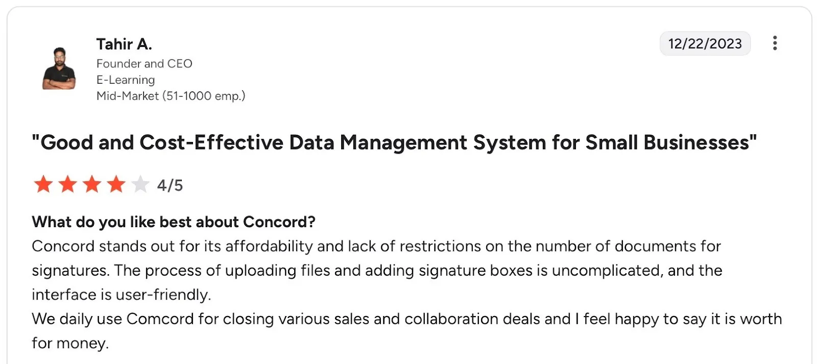 Concord review showing value for small businesses and simple contract workflows