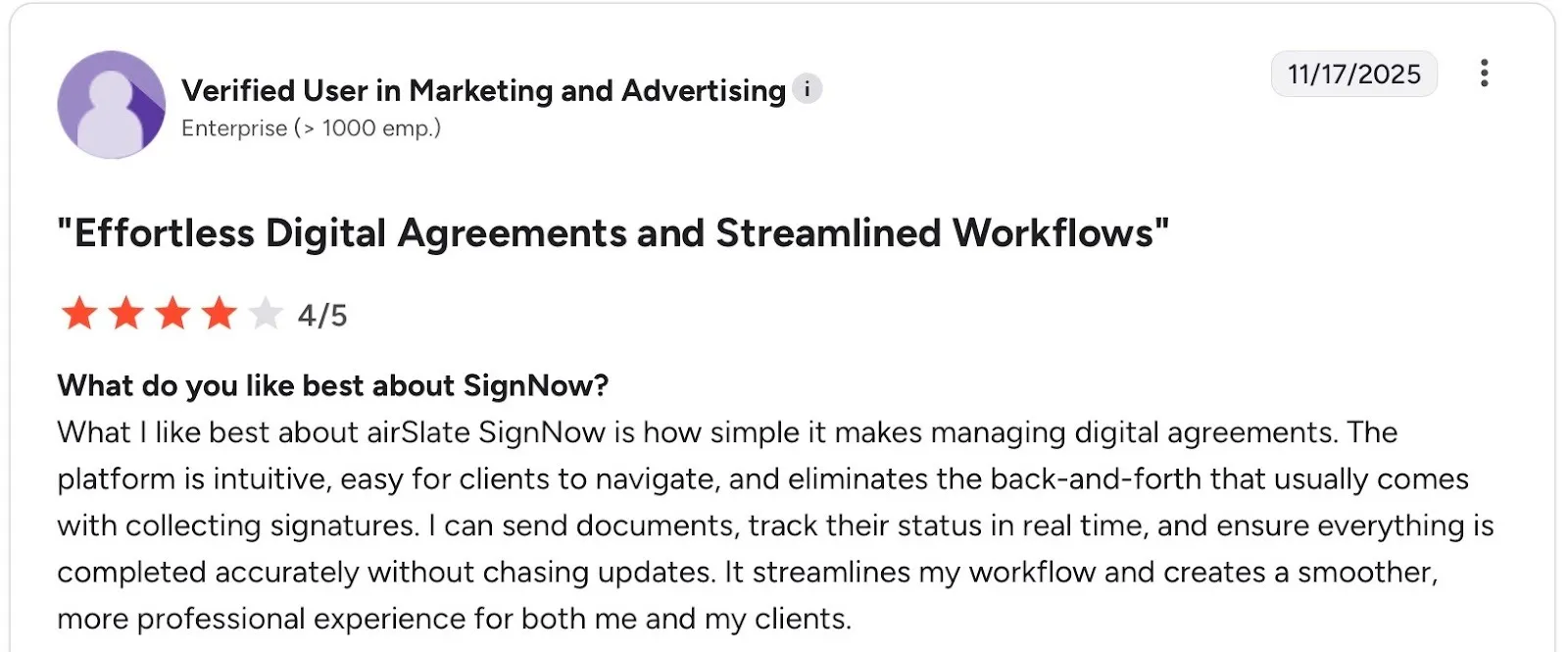 G2 review highlighting ease of use and real-time tracking in SignNow