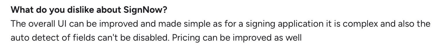 User feedback noting interface complexity and pricing concerns in SignNow