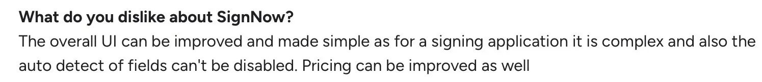 User feedback noting interface complexity and pricing concerns in SignNow