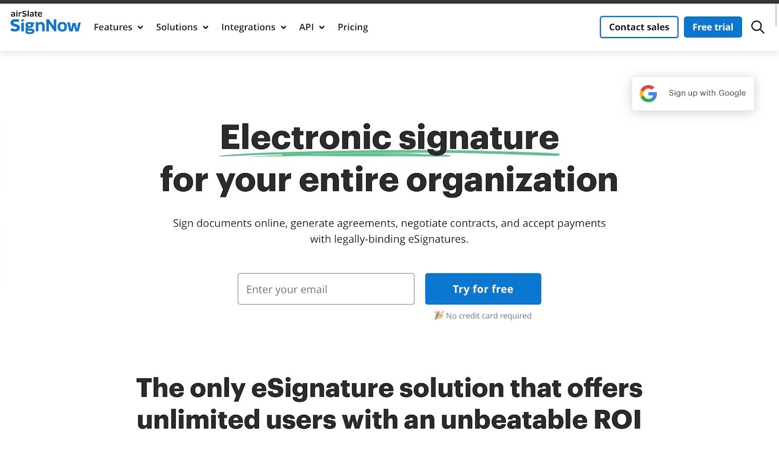 SignNow website showing electronic signature platform for organizations