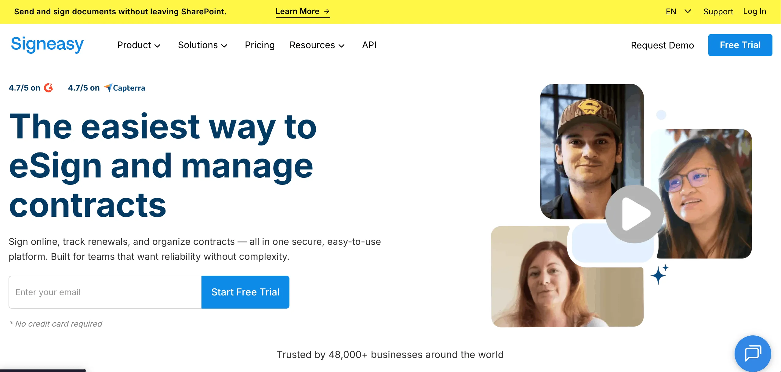 Signeasy website showing eSign and contract management features with start free trial button