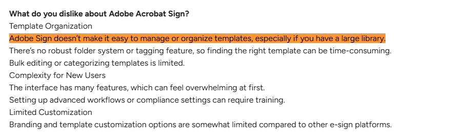 Feedback on template organization limits in Adobe Acrobat Sign