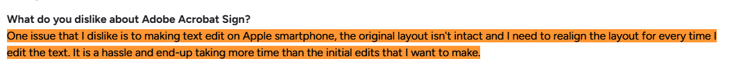 Reviewer comment about text editing on Apple smartphones being a hassle.