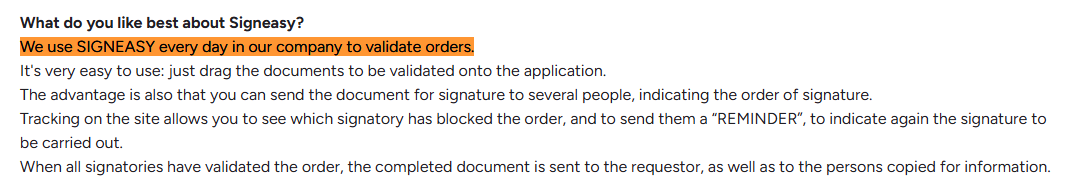 User review stating they use Signeasy daily to validate company orders.