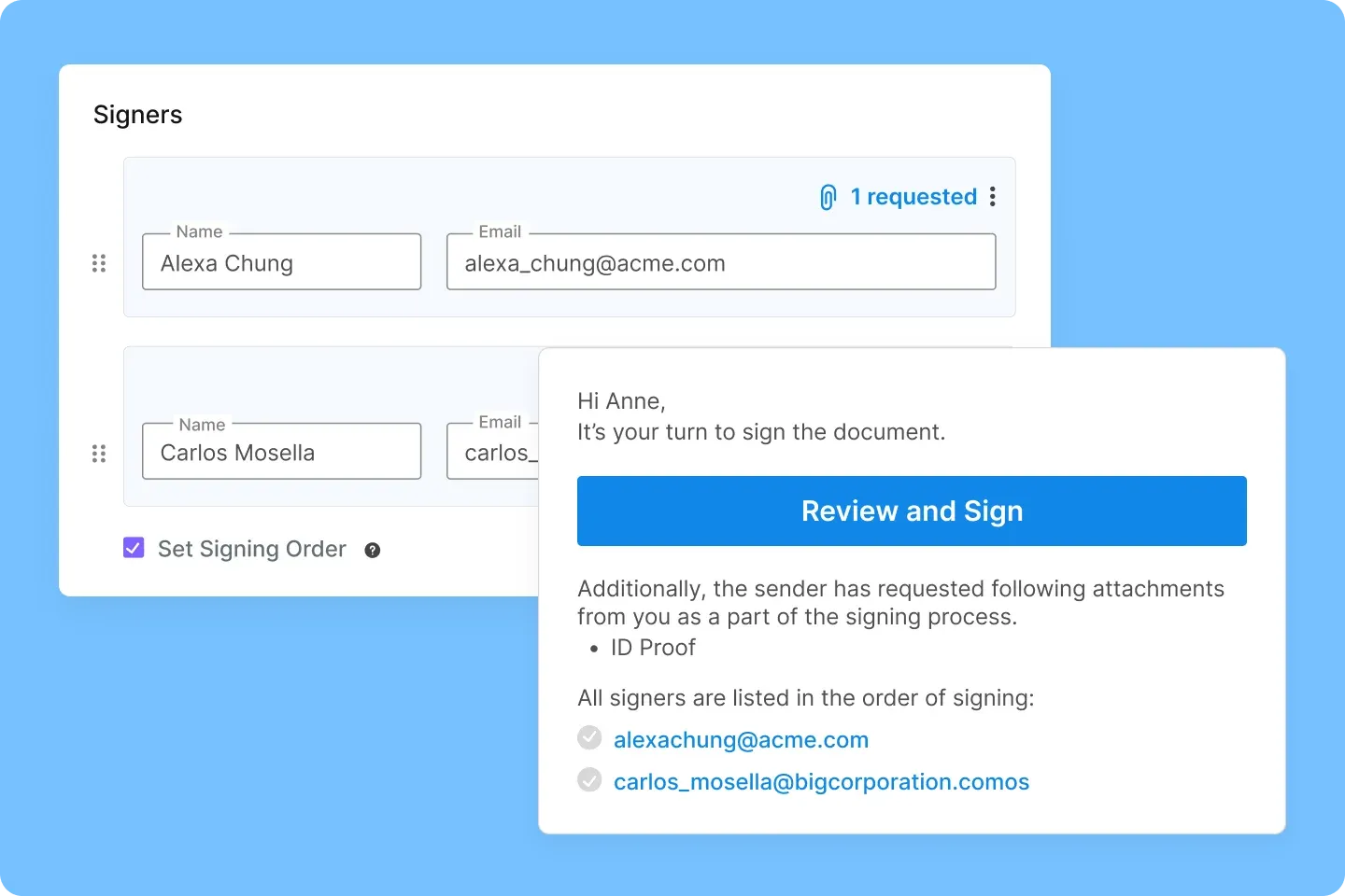 Set a signing order with multiple signers and review request notification.