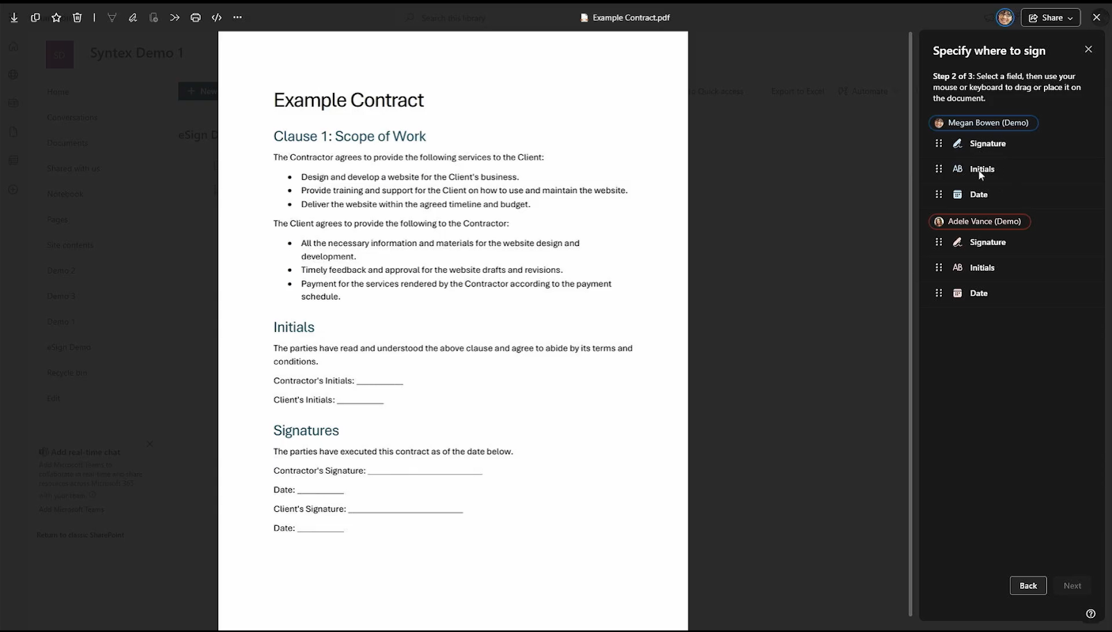 SharePoint eSignature interface showing signature fields assigned to two recipients