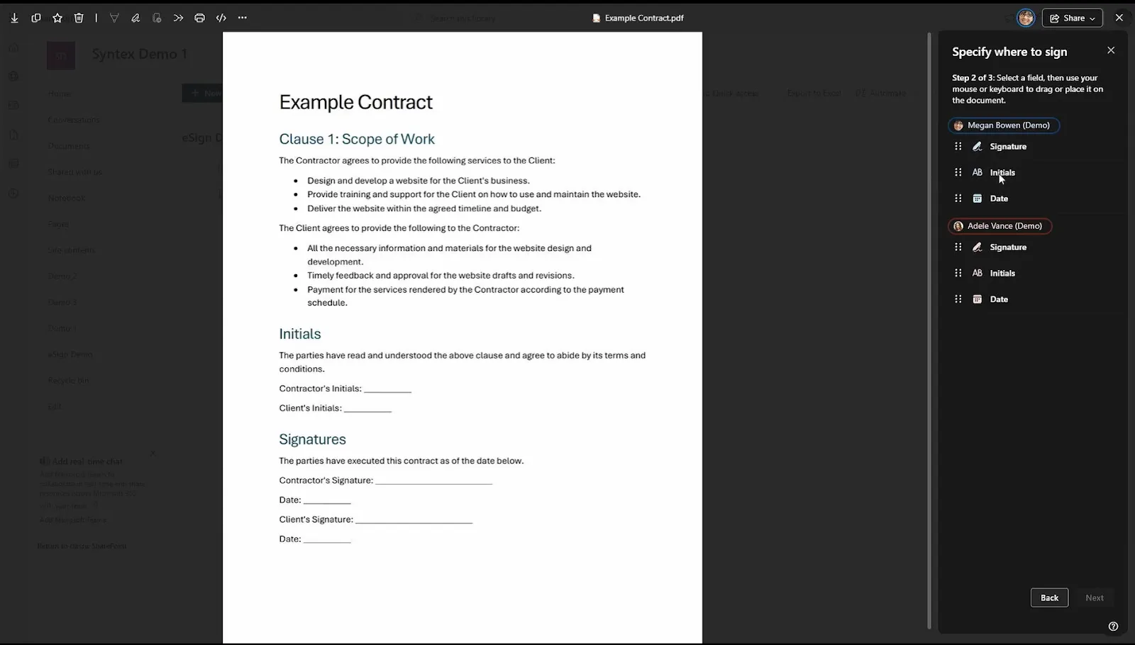 SharePoint eSignature interface showing signature fields assigned to two recipients