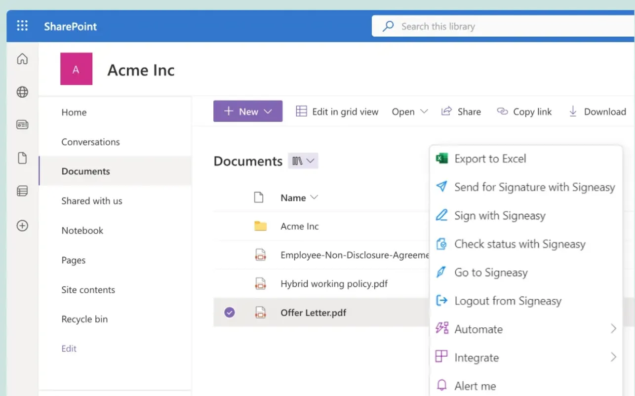 SharePoint document library interface showing the Signeasy dropdown menu for sending a PDF for signature