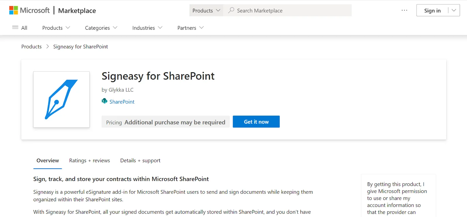 Microsoft Marketplace page for the Signeasy eSignature add-in for SharePoint document libraries