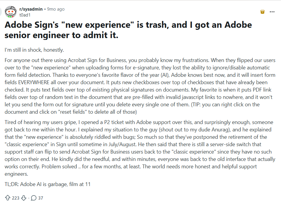 Reddit post titled "Adobe Sign's new experience is trash, and I got an Adobe senior engineer to admit it.