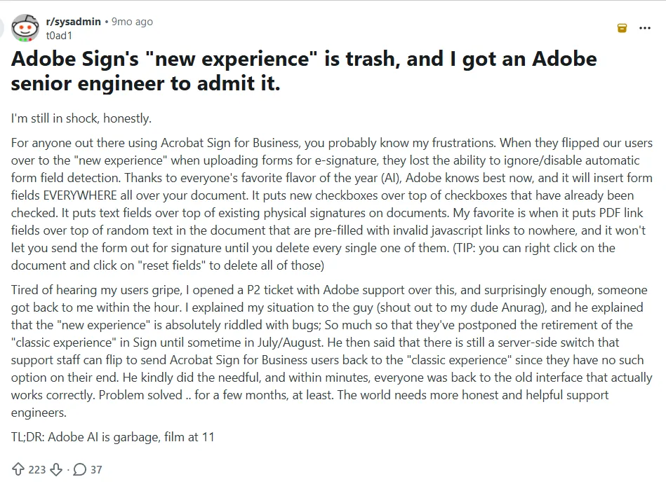 Reddit post titled "Adobe Sign's new experience is trash, and I got an Adobe senior engineer to admit it.