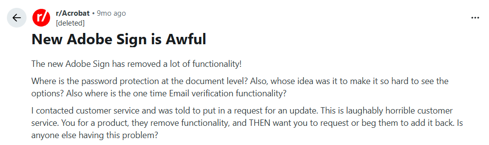 Reddit post detailing a user’s experience with the updated Adobe Sign