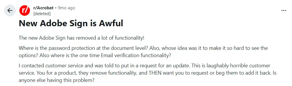 Reddit post detailing a user’s experience with the updated Adobe Sign