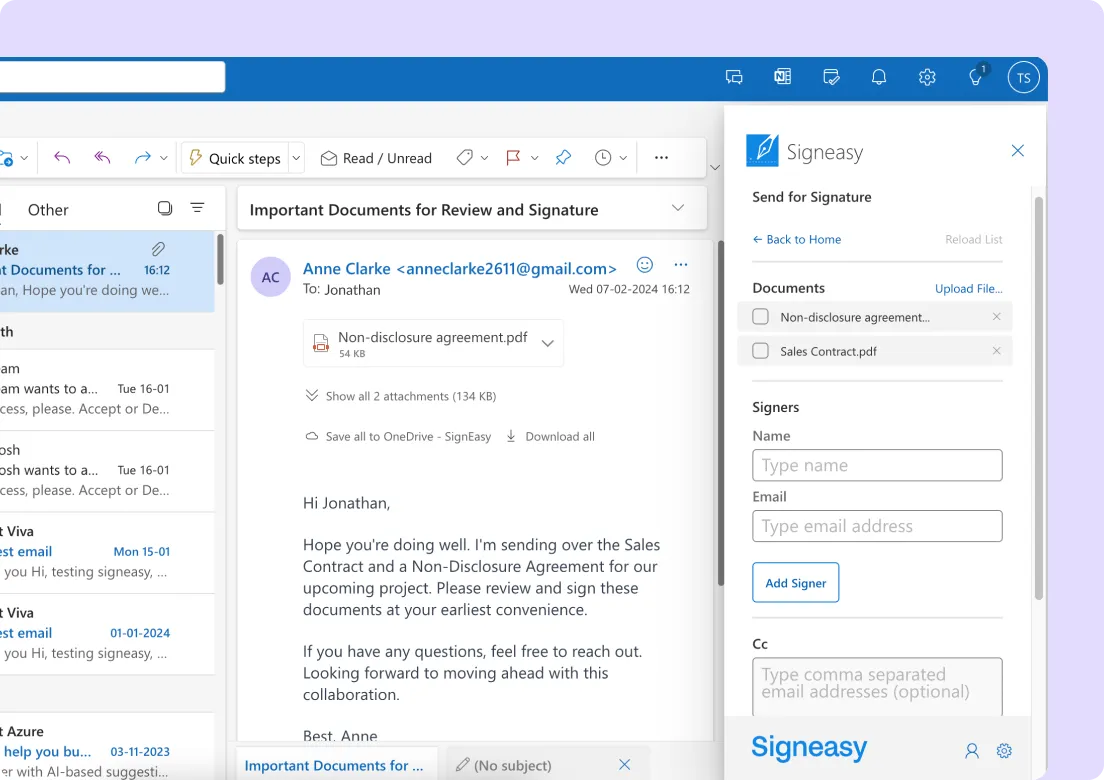 Signeasy integration with Microsoft Outlook to send contracts