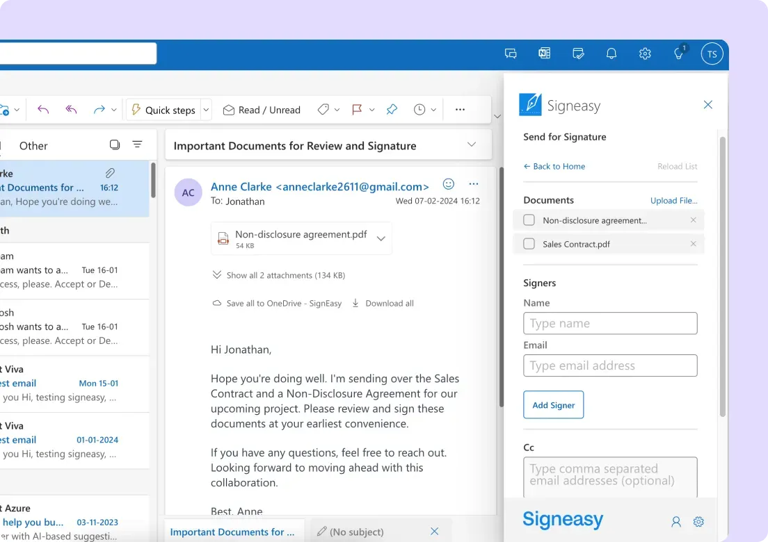 Signeasy integration with Microsoft Outlook to send contracts