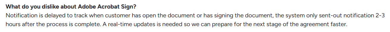 G2 review about signature issues and notification tracking in Adobe Sign