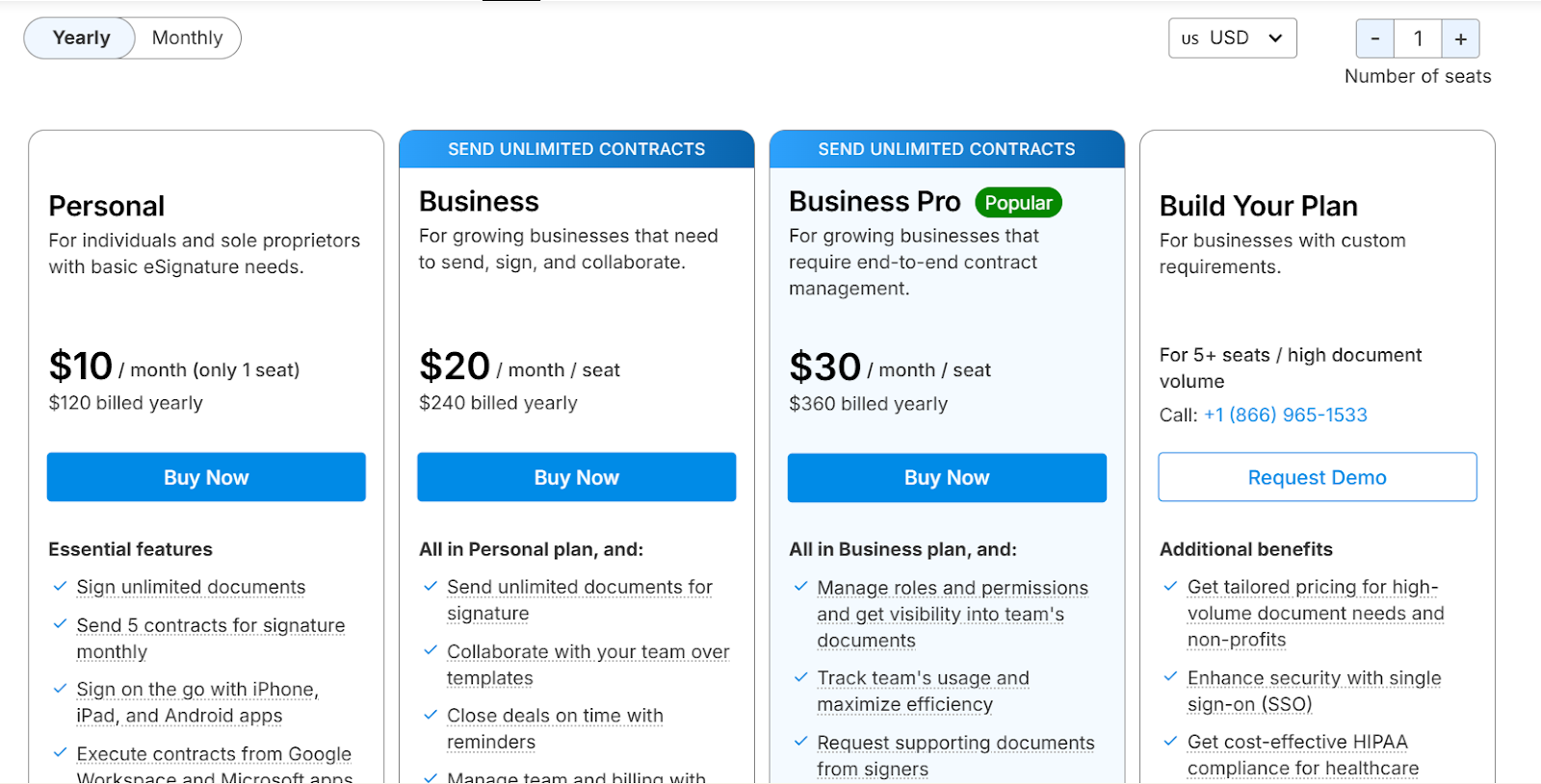 Signeasy pricing page showing Personal, Business, and Business Pro plans