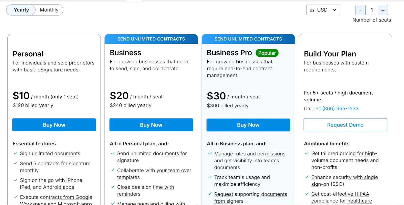 Signeasy pricing page showing Personal, Business, and Business Pro plans