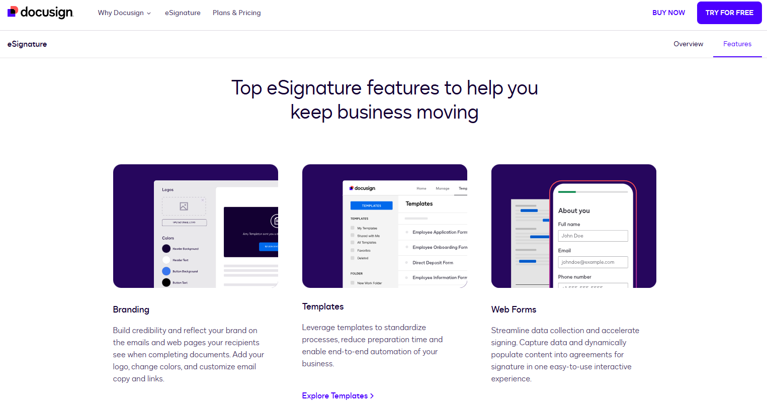 Screenshot of Docusign’s eSignature features page highlighting branding options, document templates, and web forms