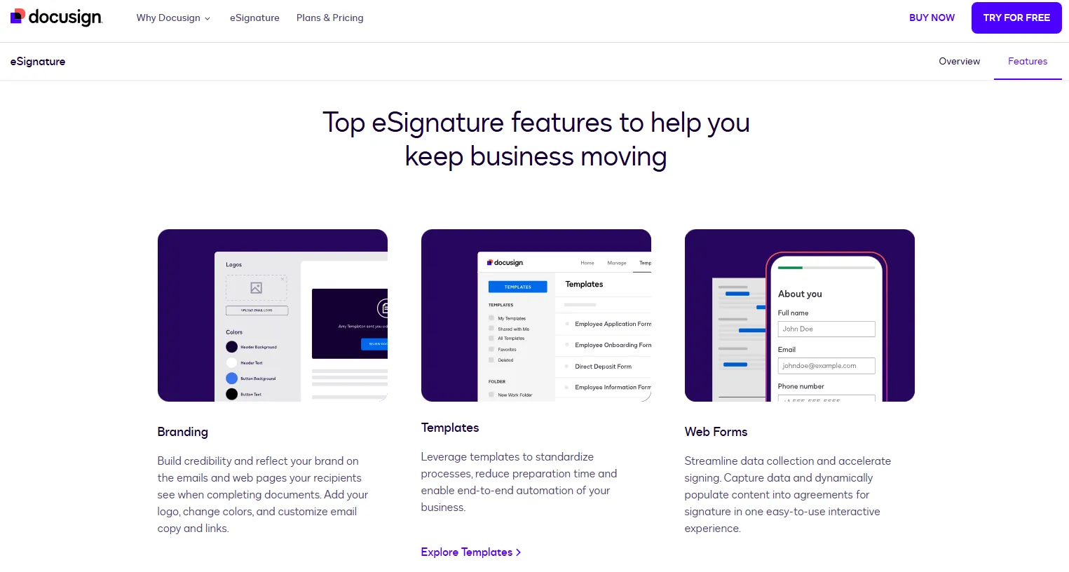 Screenshot of Docusign’s eSignature features page highlighting branding options, document templates, and web forms
