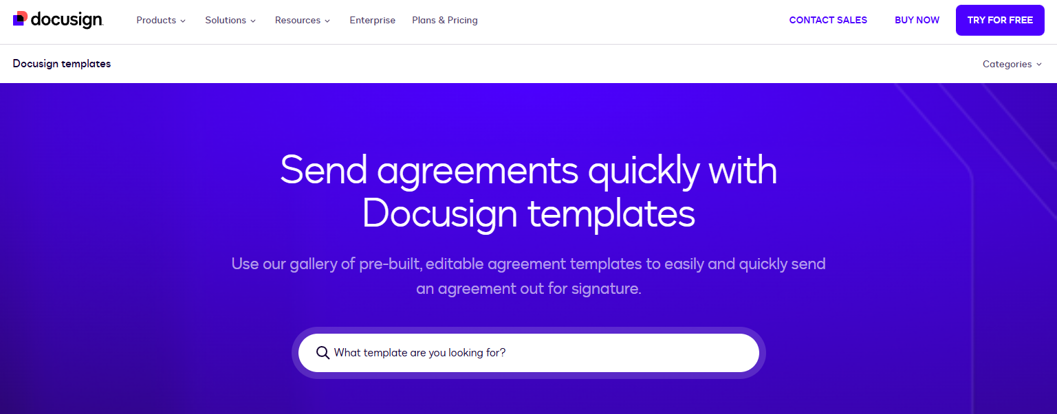 Screenshot of the Docusign templates page with a headline about customizable agreements and a search bar for finding templates